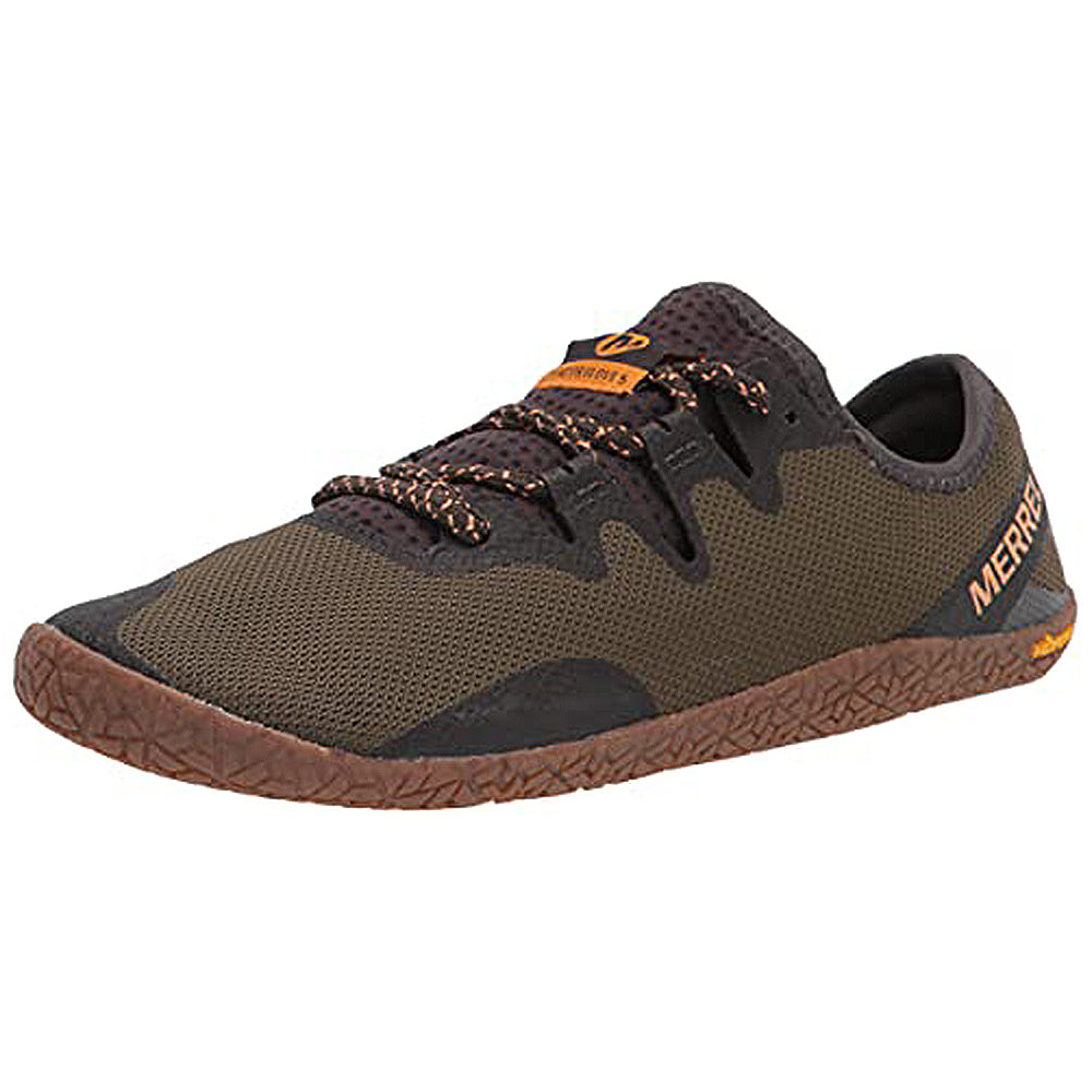 The Merrell Vapor Glove 5 - Men is an olive minimalist shoe with a mesh upper made from recycled materials, a textured sole, orange accents, and the MERRELL brand name on the heel.