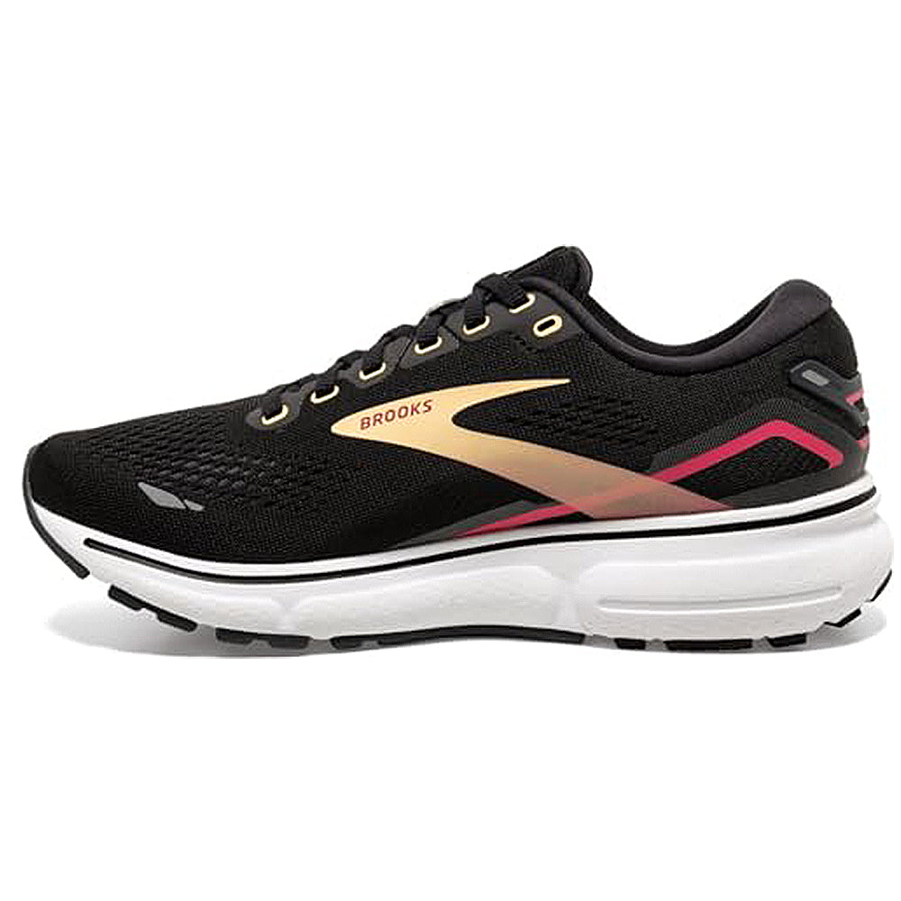 The Brooks Ghost 15 - Women is a black running shoe with orange and raspberry accents, featuring a white cushioned sole, black laces, side Brooks branding, and waterproof Gore-Tex to keep your feet dry.