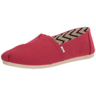 The TOMS Alpargata - Womens in Red Canvas features a beige sole, a side fabric tag, and a black and beige chevron recycled cotton lining, all part of the earthwise collection.