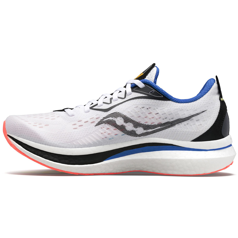 The Saucony Endorphin Speed 2 Running Shoe for men features a white upper with black and blue accents, thick cushioned sole, pink outsole, black wave-like side design, blue ankle collar lining, and innovative SPEEDROLL technology.