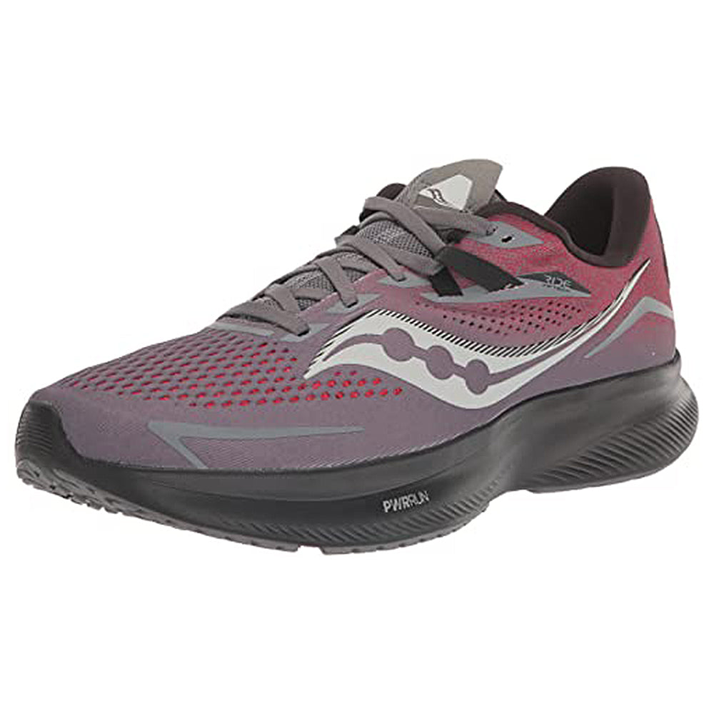 The Saucony Ride 15 - Men is a lightweight running shoe in charcoal and red with black and white accents, a wavy white logo on the side, and a thick black sole.