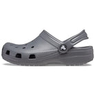 The Crocs Classic Clog - Kids in Slate Grey features ventilation holes, a textured footbed, and an adjustable heel strap, shown from the side on a white background.