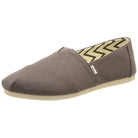 A single grey TOMS Alpargata - Womens slip-on from the earthwise collection with recycled cotton, beige rubber sole, zigzag inner lining, and a small white side tag.