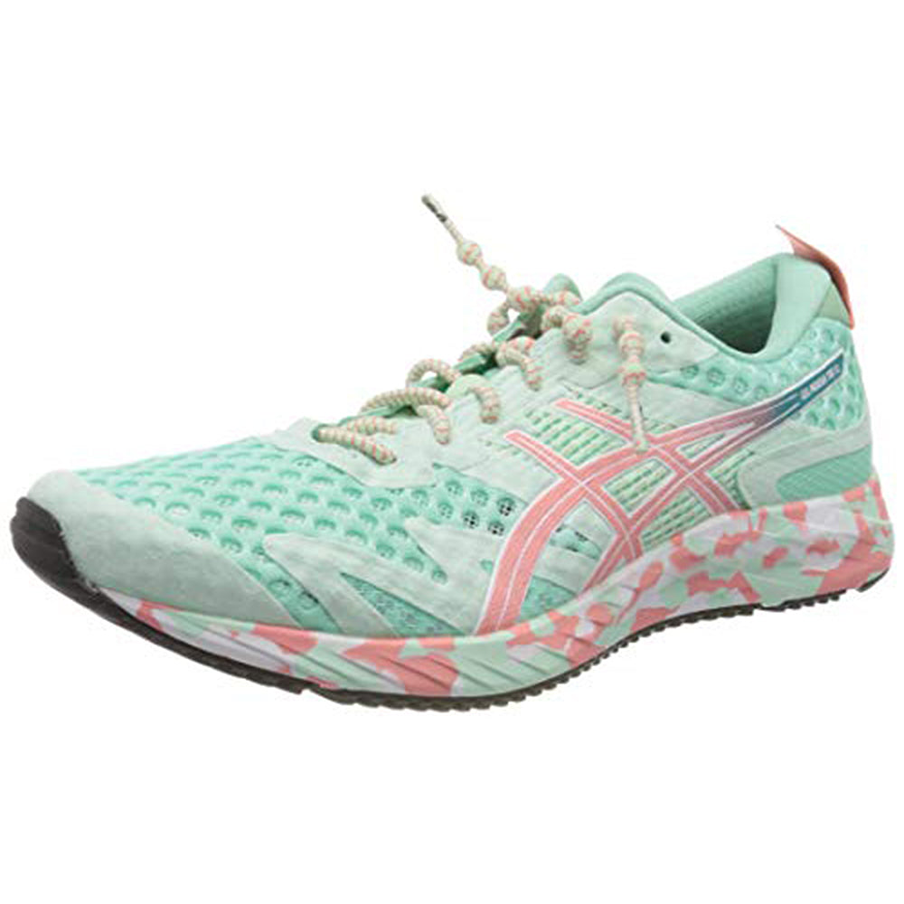 The ASICS GEL-NOOSA TRI 12 Womens shoe features a mint green mesh upper with pink and white accents, patterned sole, FLYTEFOAM midsole, and lace-up design for stylish athletic performance.