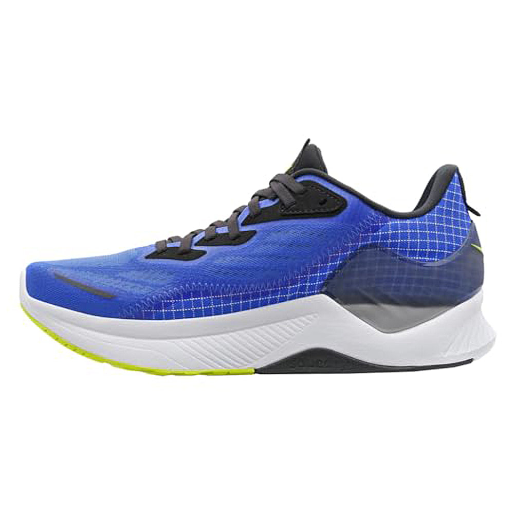 The Saucony Endorphin Speed 2 Running Shoe - Mens features a blue upper, white sole, black laces, black and gray accents, grid side pattern, neon yellow highlights, and SPEEDROLL technology for top performance.