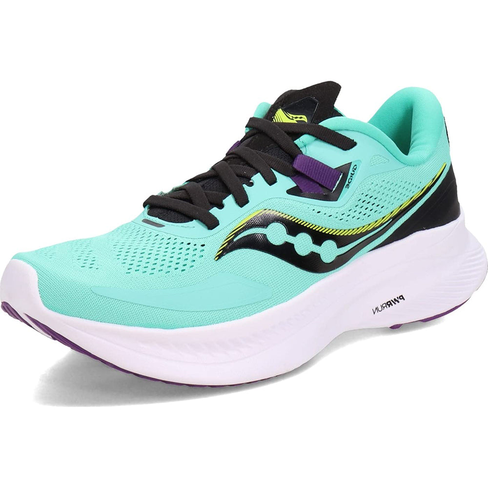 The Saucony Guide 15 - Womens in Cool Mint/Acid features a turquoise mesh upper with black, yellow, and purple accents, a white cushioned sole for support, black laces, and a wavy logo on the side. Lightweight and breathable for running.