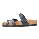 The Birkenstock Mayari Oiled Leather - Women sandal in navy blue, shown in side profile on a white background, features a cork sole, one wide instep strap, and two thinner crossed toe straps.