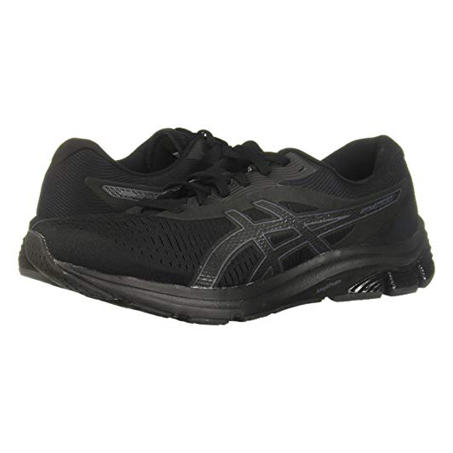 The ASICS GEL-PULSE 12 - Mens are black running shoes with lace-up closures, a textured rubber sole, subtle branding, and advanced GEL technology for superior comfort.