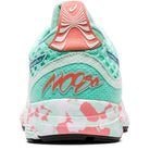 Rear view of a mint green and coral ASICS GEL-NOOSA TRI 12 - Womens running shoe, featuring a patterned pink and white sole, NOOSA on the heel, textured upper with logo details, and a responsive FLYTEFOAM midsole.