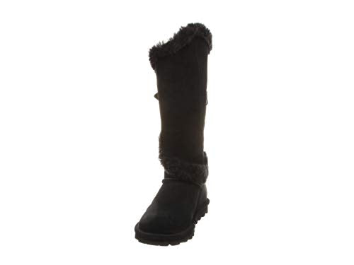 A single black BEARPAW Sheilah womens boot with a high shaft, soft suede finish, and furry trim at the top and ankle is shown against a plain white background.