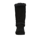 Front view of BEARPAW Kendall Boots for women in black suede, featuring a flat sole and fluffy trim around the top and ankle—ideal for cozy strolls in Lake Tahoe.