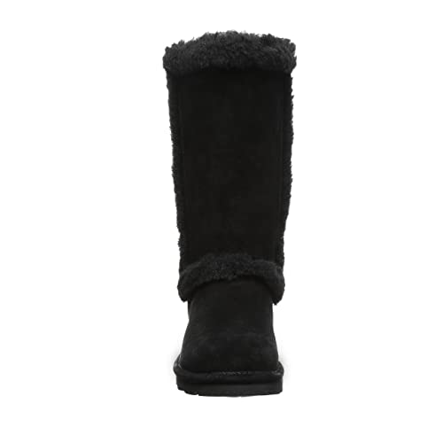 Front view of BEARPAW Kendall Boots for women in black suede, featuring a flat sole and fluffy trim around the top and ankle—ideal for cozy strolls in Lake Tahoe.