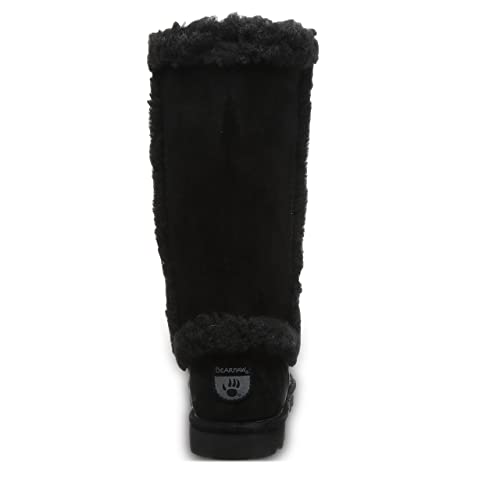 A single black BEARPAW Kendall womens winter boot is shown from the back, with a fur lining, textured sole, and heel label—ideal for exploring Lake Tahoe.
