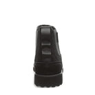 Rear view of BEARPAW Nick Boots - Mens: black suede or leather boot with a thick ridged sole and sturdy fabric pull tab running vertically along the back.