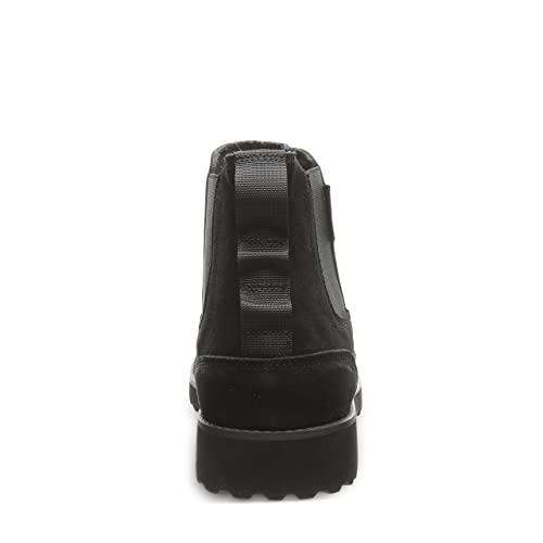 Rear view of BEARPAW Nick Boots - Mens: black suede or leather boot with a thick ridged sole and sturdy fabric pull tab running vertically along the back.