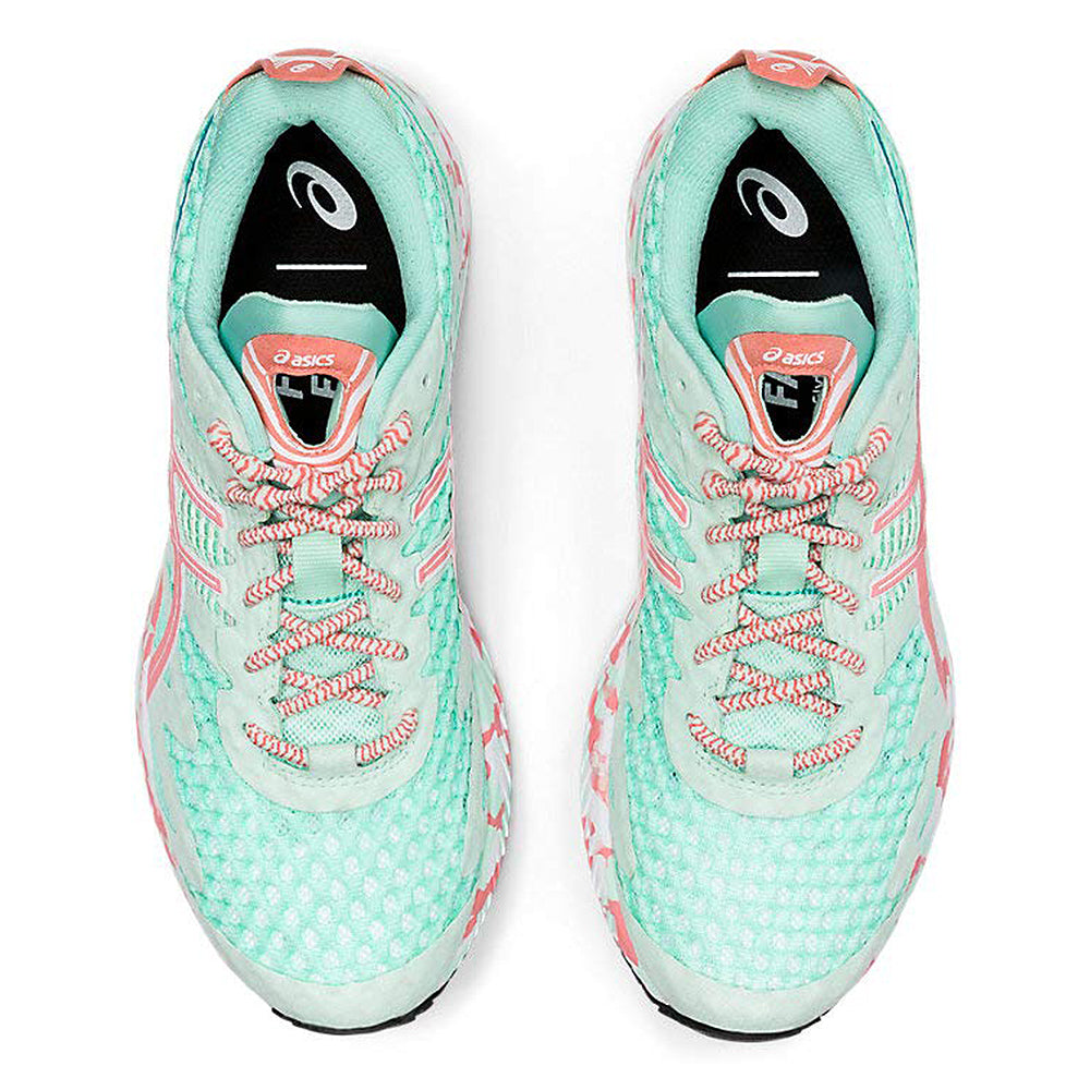 The ASICS GEL-NOOSA TRI 12 Womens running shoes in mint green with coral and white accents feature patterned laces, mesh uppers, and a responsive FLYTEFOAM midsole for comfort.