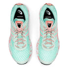 The ASICS GEL-NOOSA TRI 12 Womens running shoes in mint green with coral and white accents feature patterned laces, mesh uppers, and a responsive FLYTEFOAM midsole for comfort.