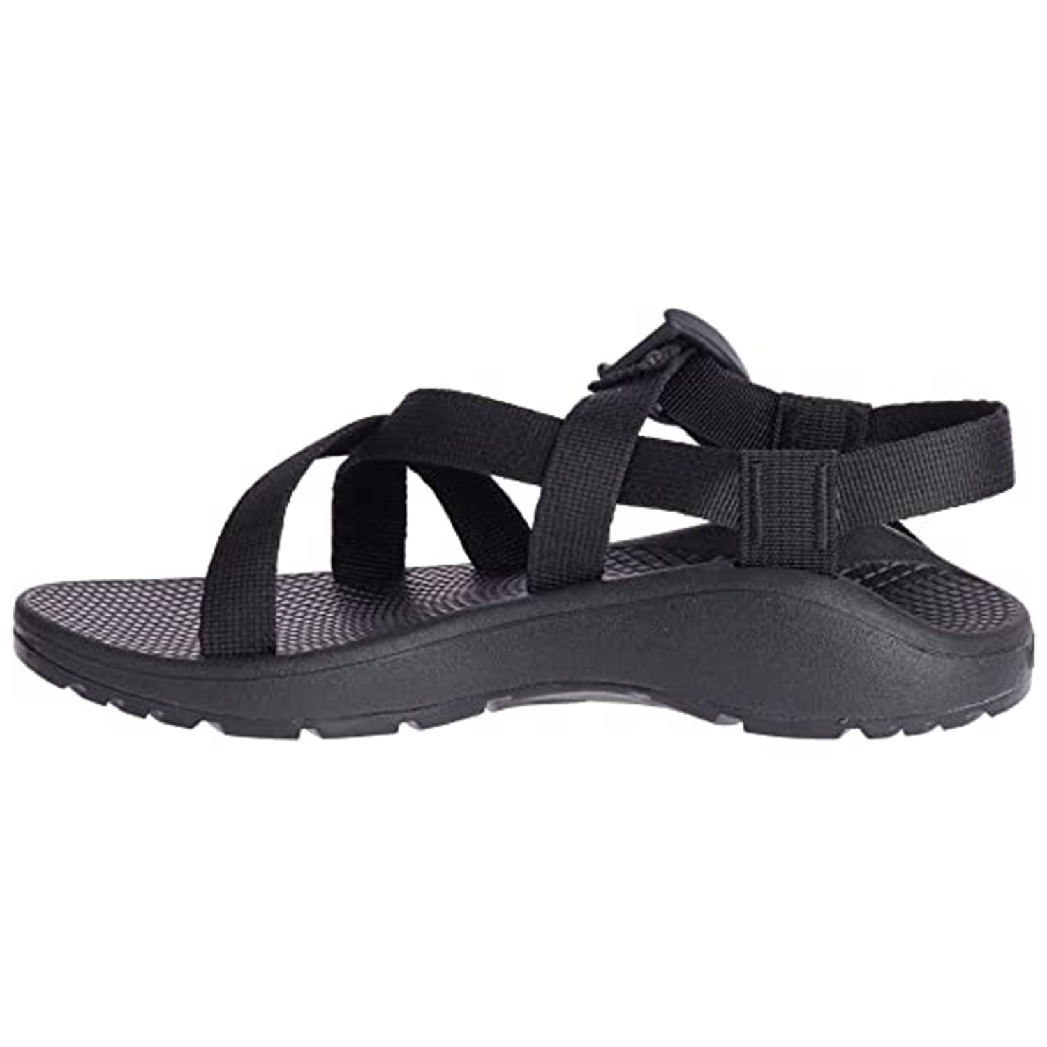The Chaco Z/Cloud - Women is a black open-toe sandal with adjustable straps and a podiatrist-certified footbed, designed for outdoor or casual wear, shown in side view.
