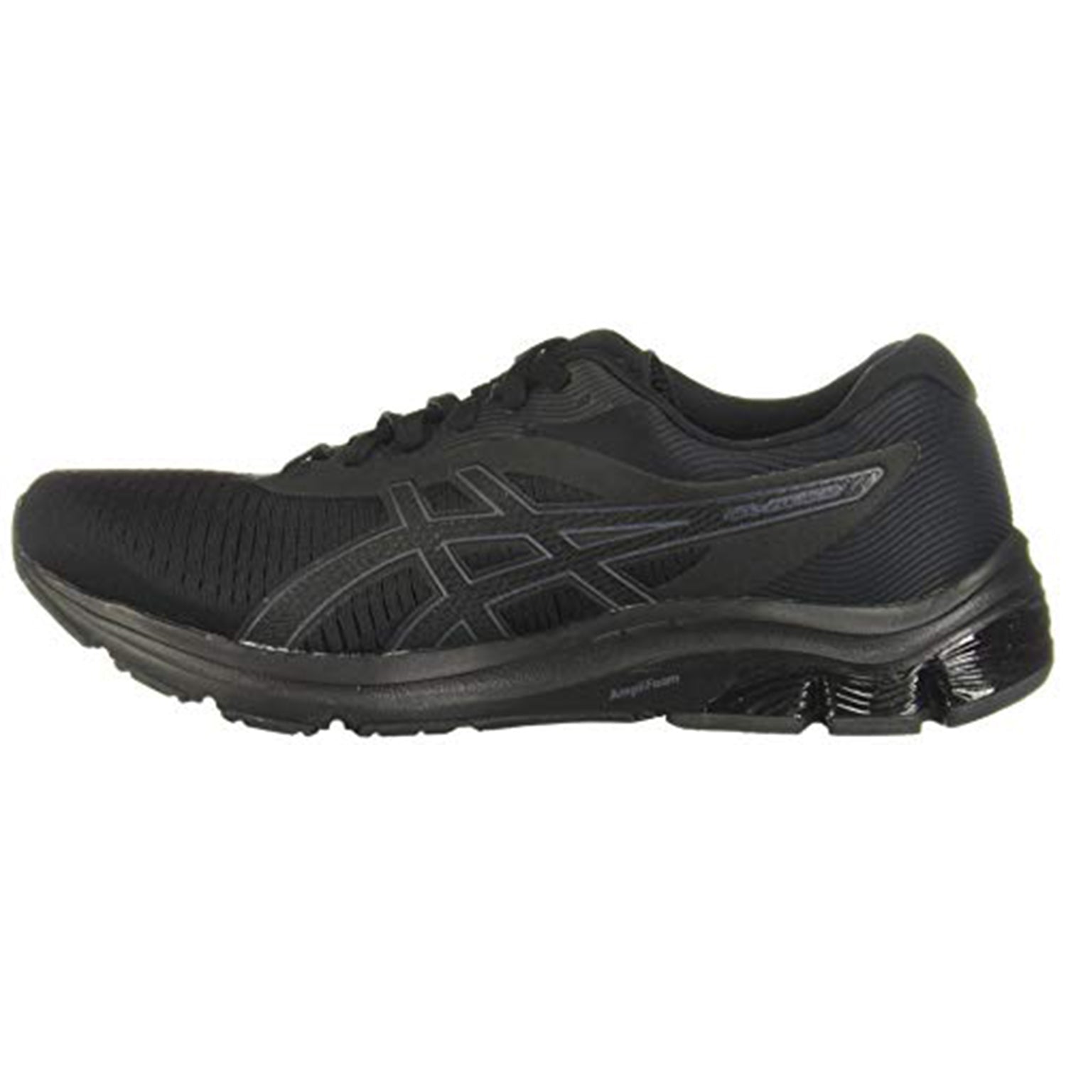 The ASICS GEL-PULSE 12 - Mens running shoe features a black mesh upper, lace-up closure, black rubber sole, and subtle side logo, delivering enhanced comfort with GEL technology.