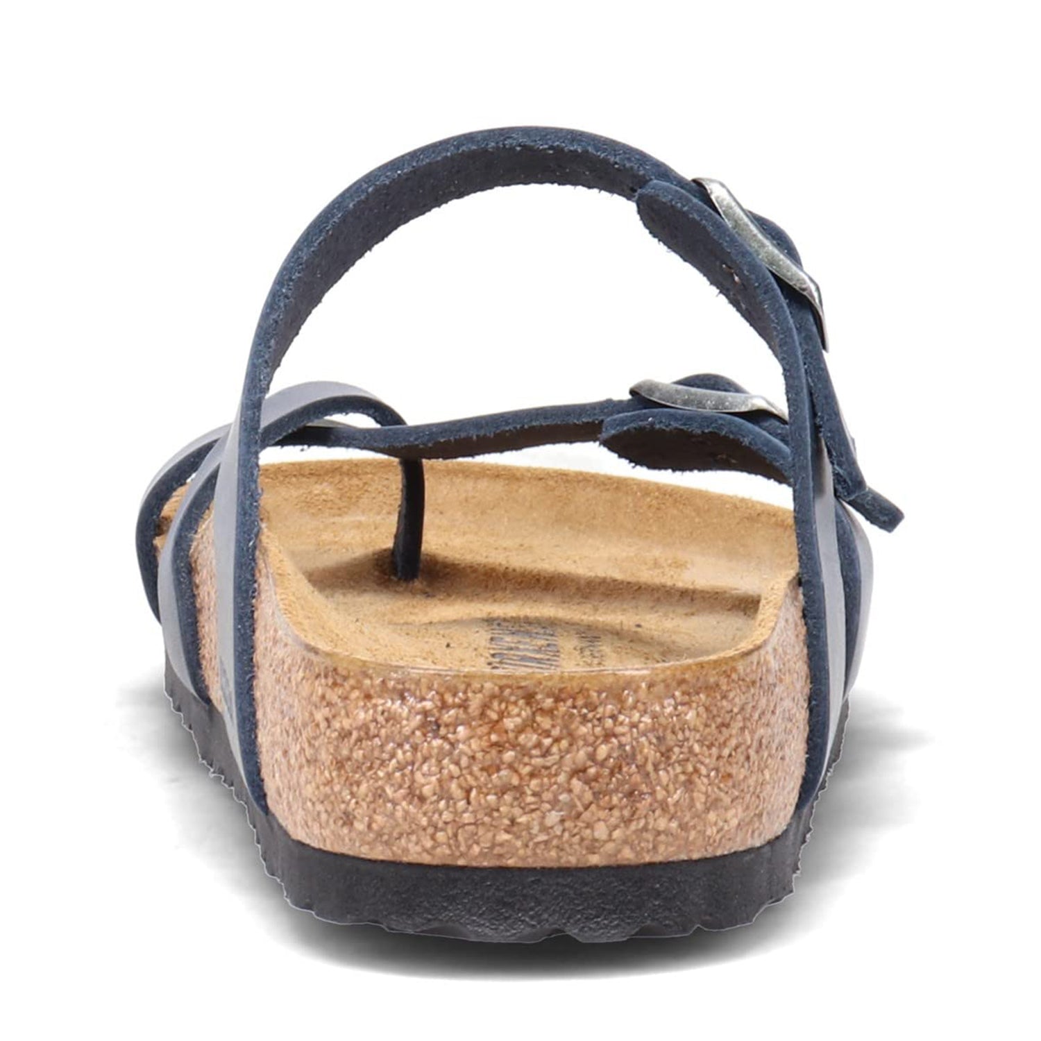 Rear view of the Birkenstock Mayari Oiled Leather sandal for women, featuring a cork footbed, black outsole, and navy blue oiled leather straps with an adjustable ankle buckle.