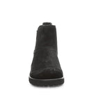 Front view of BEARPAW Nick Boots - Mens, featuring black suede, a Chelsea ankle design, rounded toe, and textured sole, displayed on a plain white background.
