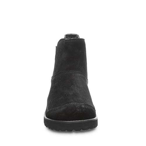 Front view of BEARPAW Nick Boots - Mens, featuring black suede, a Chelsea ankle design, rounded toe, and textured sole, displayed on a plain white background.