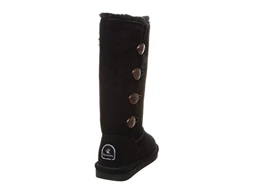 The BEARPAW Lori Boots for women are tall black suede boots featuring four side buttons, a plush sheepskin wool lining, and a small heel label with a white logo, shown from the rear side angle.