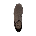 Top view of the Hey Dude Scott Grip Boots - Mens in brown, featuring elastic side panels, rounded toe, back pull tab, water-resistant leather, and an ultra-grip outsole, displayed on a white background.