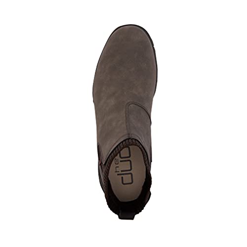 Top view of the Hey Dude Scott Grip Boots - Mens in brown, featuring elastic side panels, rounded toe, back pull tab, water-resistant leather, and an ultra-grip outsole, displayed on a white background.