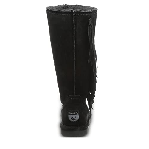 Back view of BEARPAW Tamara Boots for women, featuring tall black suede, side fringe details, a visible heel label, and a soft fuzzy lining inside.