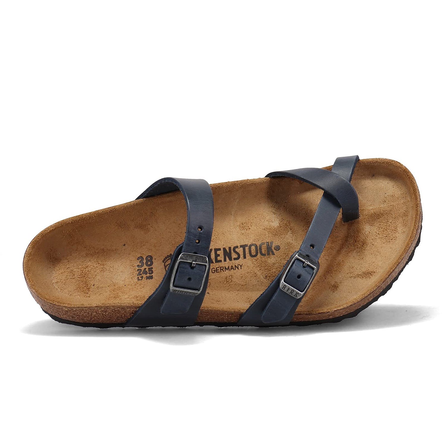 The Birkenstock Mayari Oiled Leather - Women sandal in navy blue features two adjustable buckled straps, a contoured cork footbed, oiled leather finish, and the Birkenstock logo on the insole. Shown in a side view.