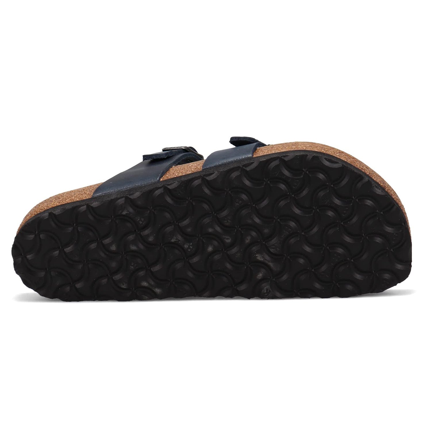 A close-up side view of the Birkenstock Mayari Oiled Leather - Women sandal, featuring a textured black rubber sole with a wavy pattern, contoured footbed, and dark oiled leather straps with buckles.