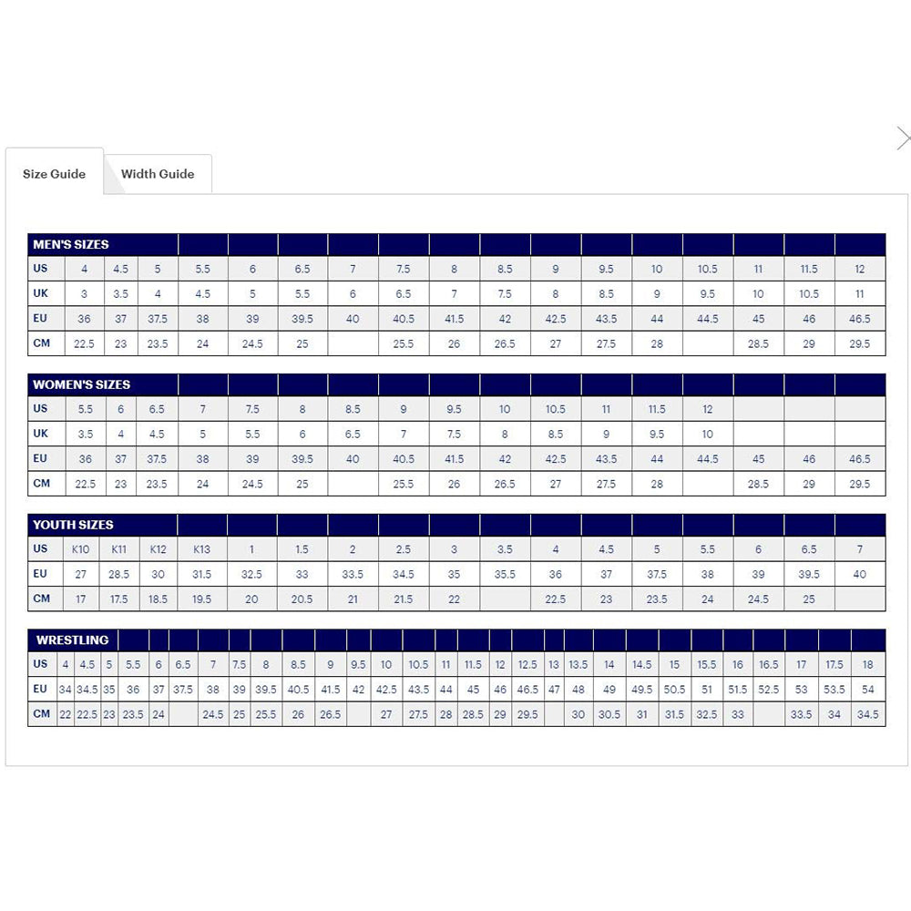 A navy blue and white grid displays womens ASICS GEL-NOOSA TRI 12 shoe size charts, with US, UK, EU, and CM conversions.