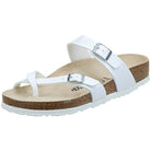The Birkenstock Mayari Oiled Leather sandal for women in white features a cork sole, toe loop strap, adjustable buckles, contoured footbed, and a textured white outsole for grip—ideal for casual wear.