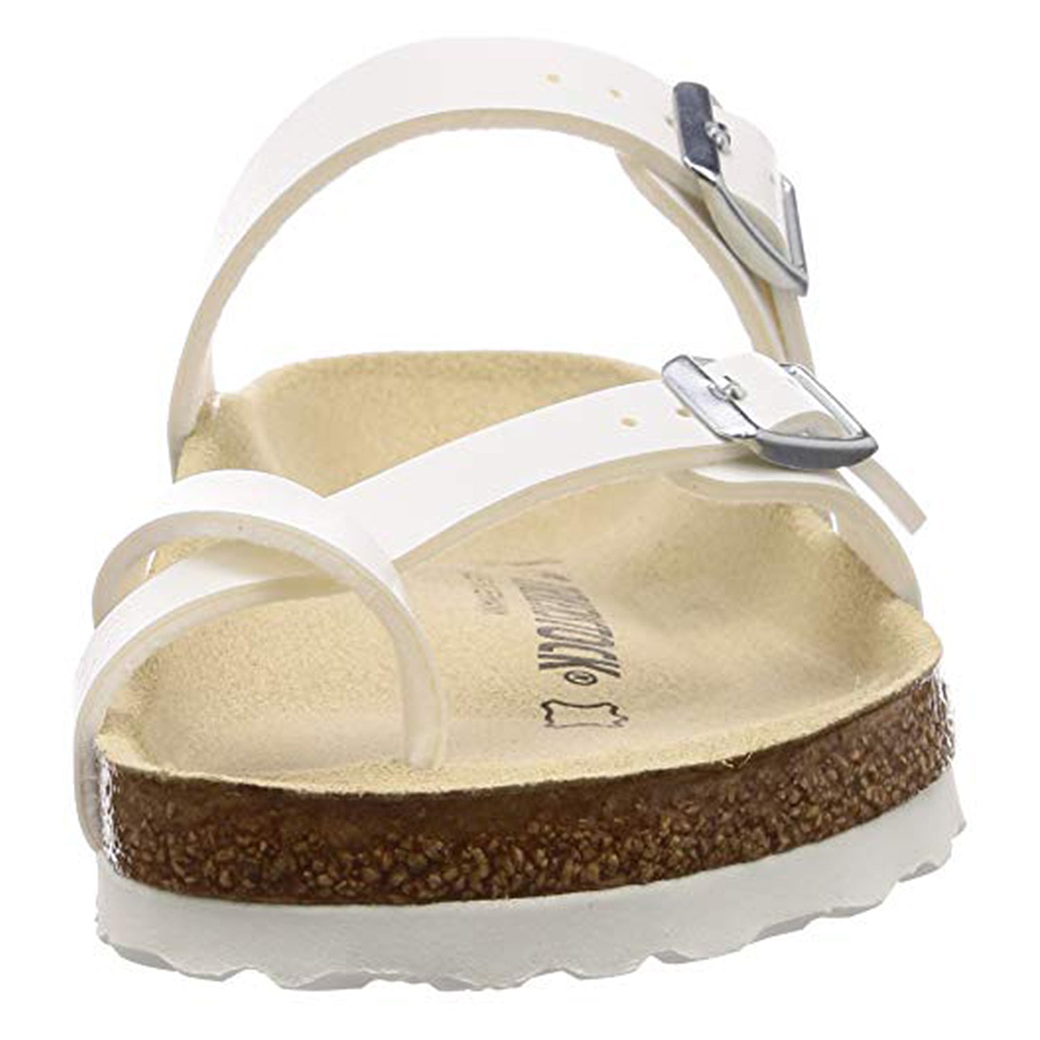 The Birkenstock Mayari Oiled Leather sandal for women, shown from the front, features two adjustable straps with silver buckles, a contoured cork footbed, and a white textured sole.
