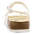 A close-up rear view of the Birkenstock Mayari Oiled Leather sandal for women, featuring a white oiled leather upper, cork sole, buckle strap, and contoured footbed against a plain background.