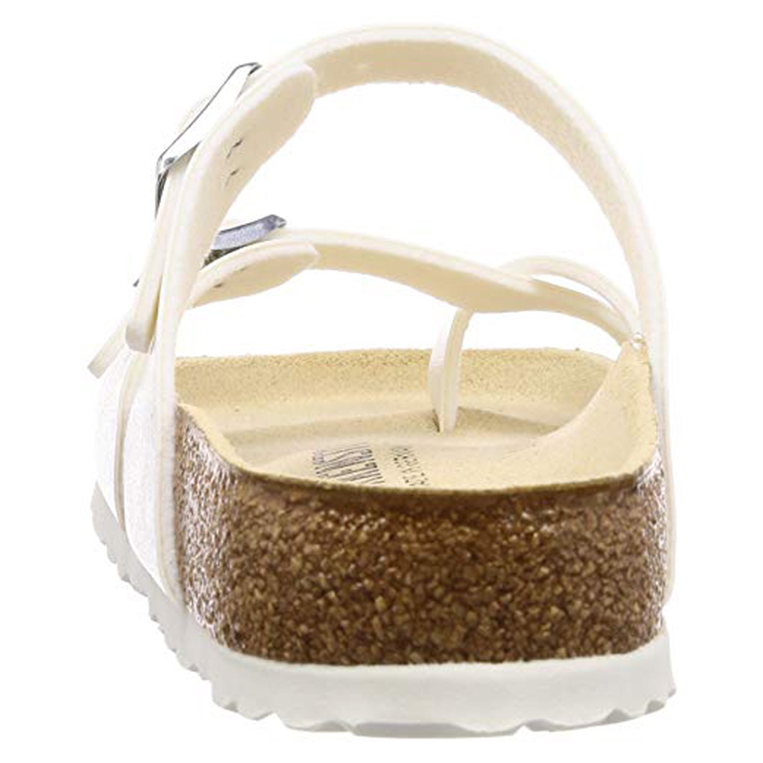 A close-up rear view of the Birkenstock Mayari Oiled Leather sandal for women, featuring a white oiled leather upper, cork sole, buckle strap, and contoured footbed against a plain background.