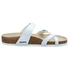 The Birkenstock Mayari Oiled Leather - Women sandal features three white crisscross oiled leather straps and a contoured cork footbed, shown from the side against a plain background.