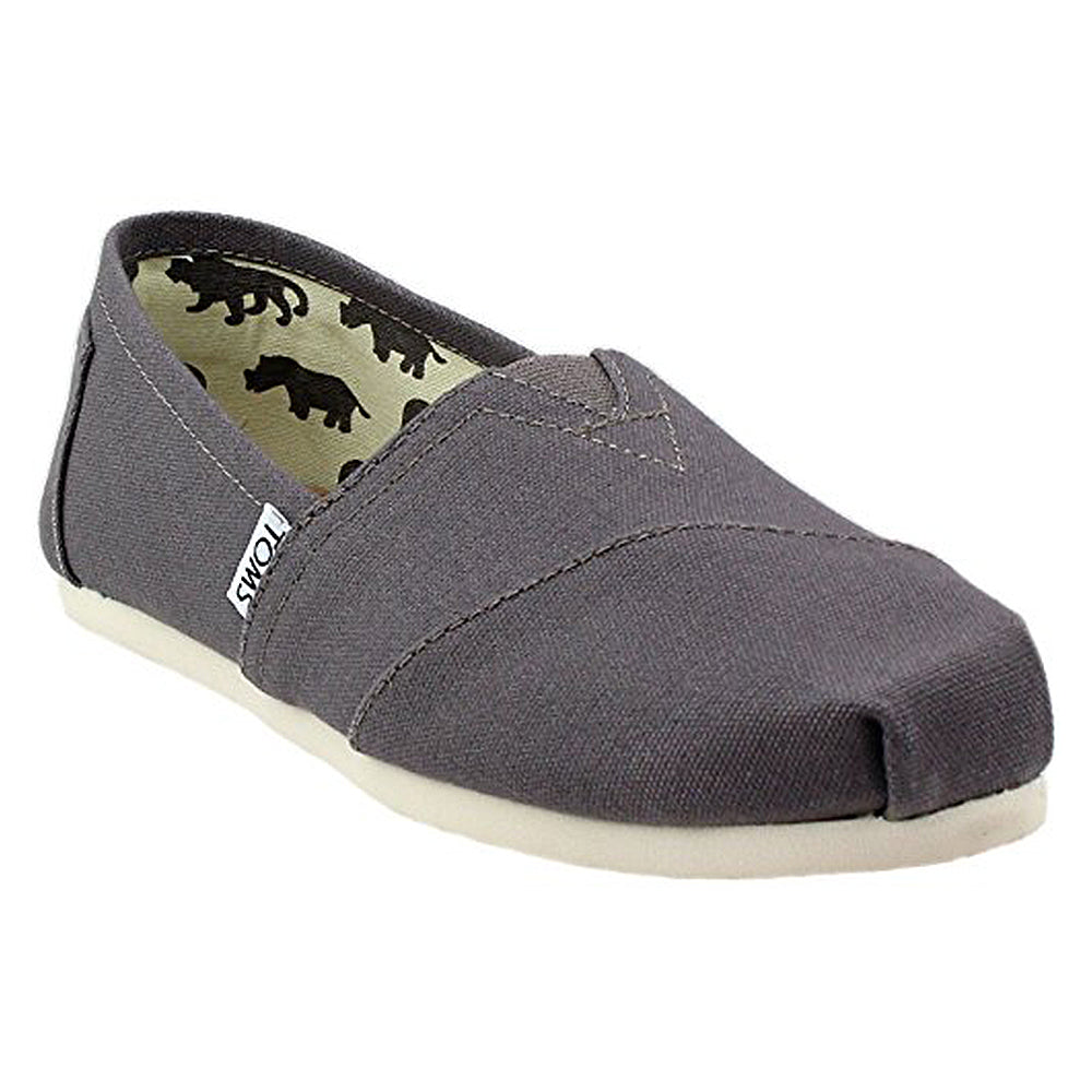 The TOMS Alpargata ESP - Women is a gray slip-on canvas shoe with a white sole, side TOMS label, black panther patterned lining, and every purchase supports the TOMS Shoes buy one give one mission.
