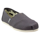 The TOMS Alpargata ESP - Women is a gray slip-on canvas shoe with a white sole, side TOMS label, black panther patterned lining, and every purchase supports the TOMS Shoes buy one give one mission.