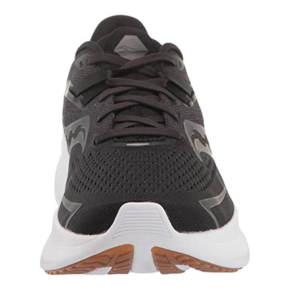 Front view of the Saucony Ride 15 - Womens in black, featuring black laces, breathable mesh upper, white sole with a brown toe section, and enhanced PWRRUN cushioning for superior running comfort.