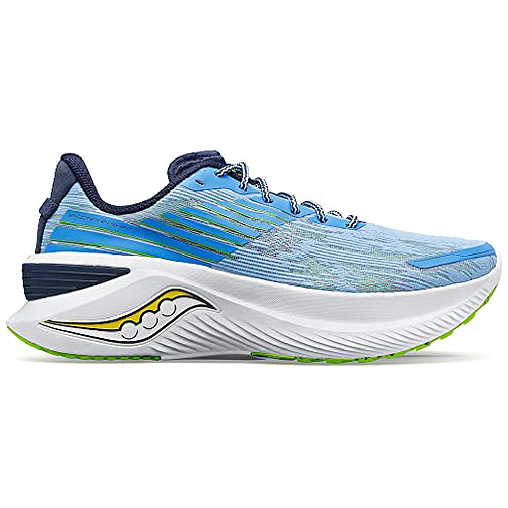 The Saucony Endorphin Shift 3 Running Shoe - Men’s features a blue upper with green and yellow accents, white midsole, thick curved sole, PWRRUN foam cushioning, lace-up closure, and Saucony logo on the side.