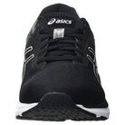 Front view of the ASICS GEL-PULSE 12 - Mens in black with a white logo, black laces, and a textured sole. Featuring GEL technology, this lightweight shoe is ideal for running or sports activities.