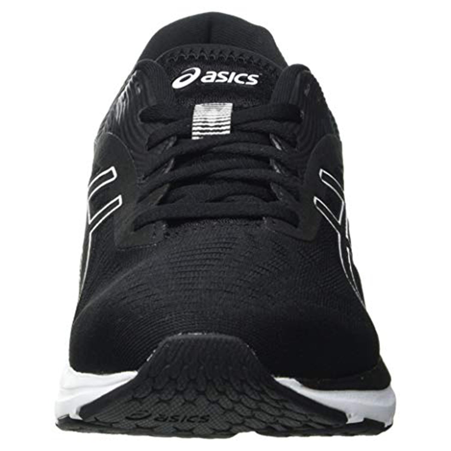 Front view of the ASICS GEL-PULSE 12 - Mens in black with a white logo, black laces, and a textured sole. Featuring GEL technology, this lightweight shoe is ideal for running or sports activities.