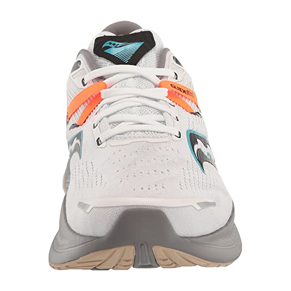 Front view of the Saucony Guide 16 Running Shoe for men, featuring a white upper with orange and blue accents, white laces, gray/tan sole, perforated material for breathability, and Saucony logos on tongue and side.