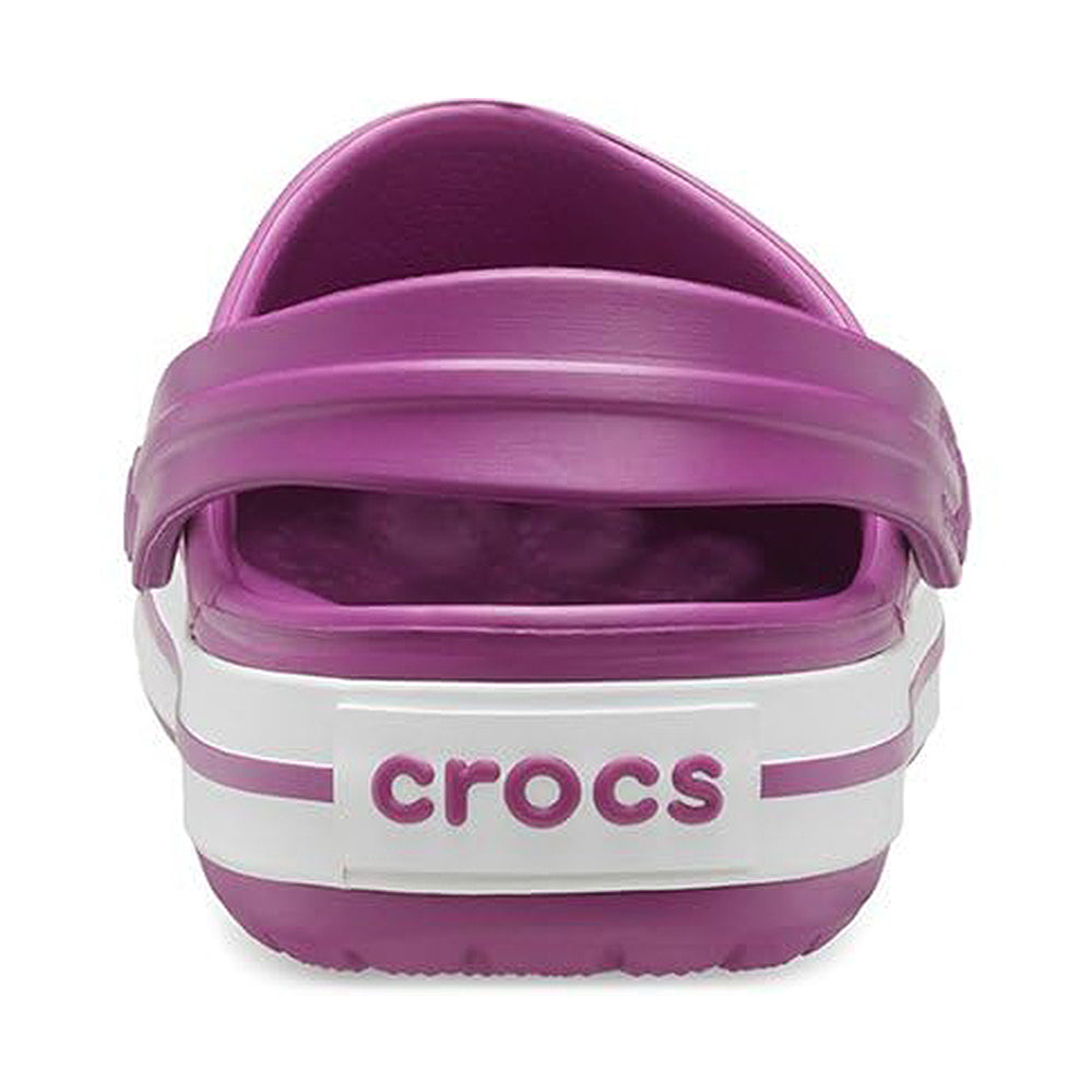 The Crocs Crocband Clog Seasonal Colors - Unisex features a purple design, white heel band with crocs in purple, and a matching strap—combining comfort and style from the trusted Crocs brand.
