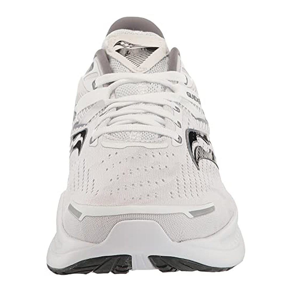 A front view of the Saucony Guide 16 - Men sneaker in white with mesh fabric, white laces, black side detailing, and cushioned support, displayed against a plain white background.
