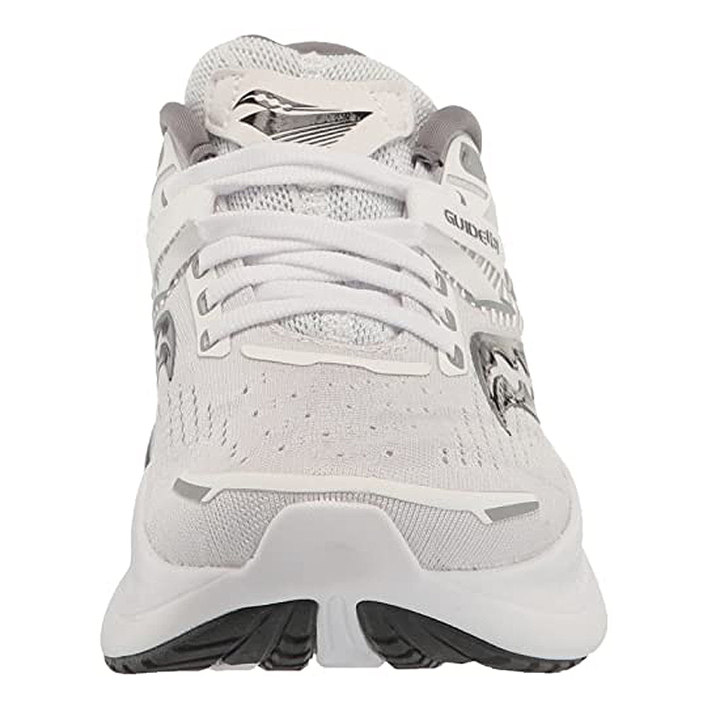 Front view of the Saucony Guide 16 - Womens in white with gray accents, featuring breathable mesh, multiple laces, and a thick textured sole with PWRRUN foam for cushioned support and comfort.