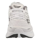 Front view of the Saucony Guide 16 - Womens in white with gray accents, featuring breathable mesh, multiple laces, and a thick textured sole with PWRRUN foam for cushioned support and comfort.