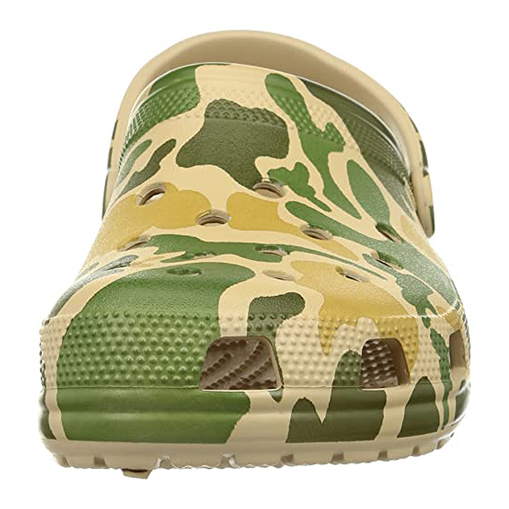 A front view of the Crocs Classic Camo Clog - Unisex shows its green, tan, and brown camouflage design, ventilation holes, and textured toe area—ideal for water activities.